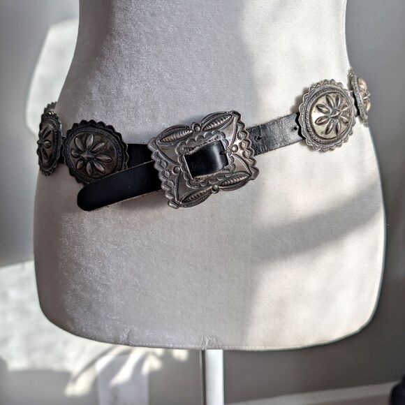 Antique Coin Ingot Silver Concho Belt Second Phase Navajo Handmade Leather - Picture 3 of 10